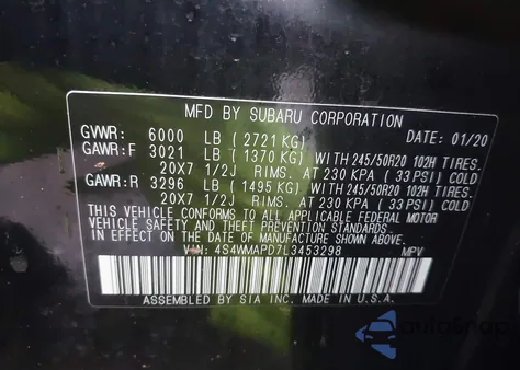 2020 Subaru Ascent Limited from USA, damaged, VIN 4S4WMAPD7L3453298